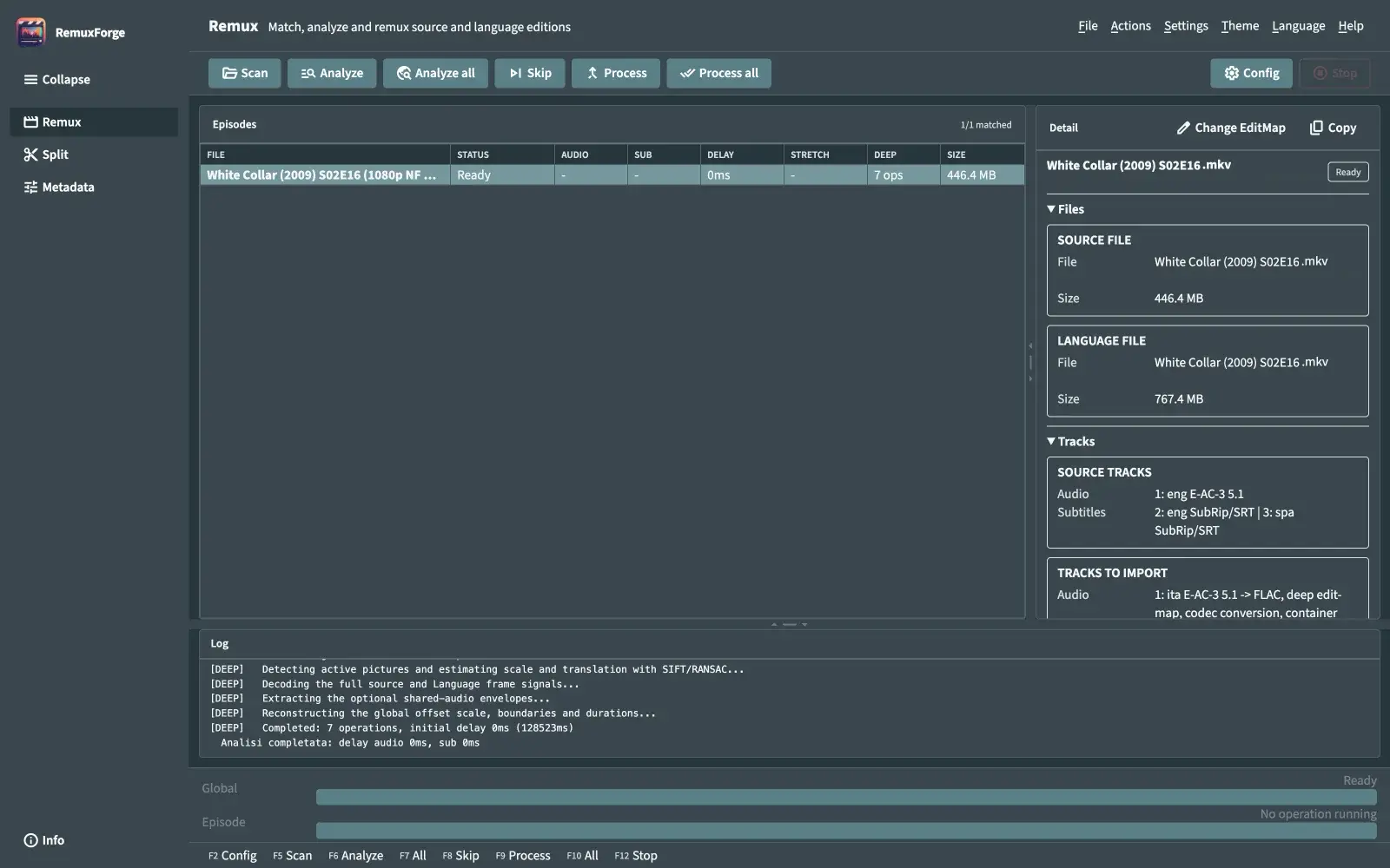 Remux workspace with matched episodes and tracks to import