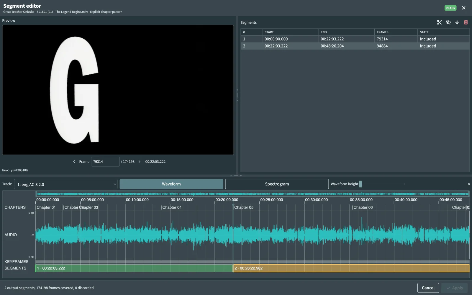 Split segment editor with chapters, waveform, keyframes and two segments
